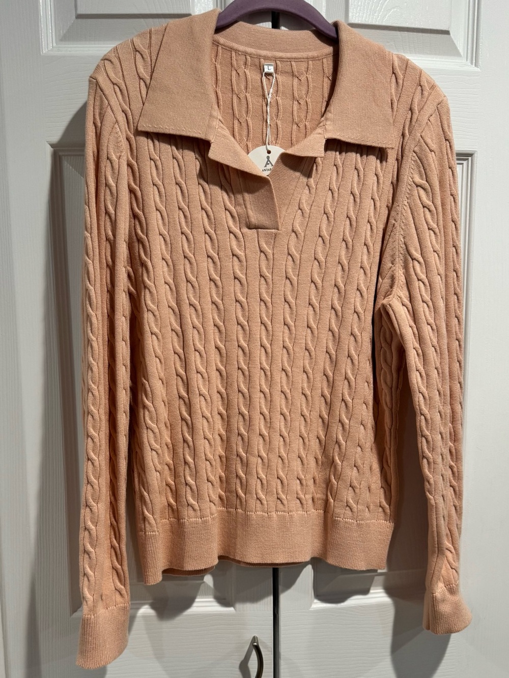 SHEIN Peach Cable-Knit V-Neck Collared Sweater